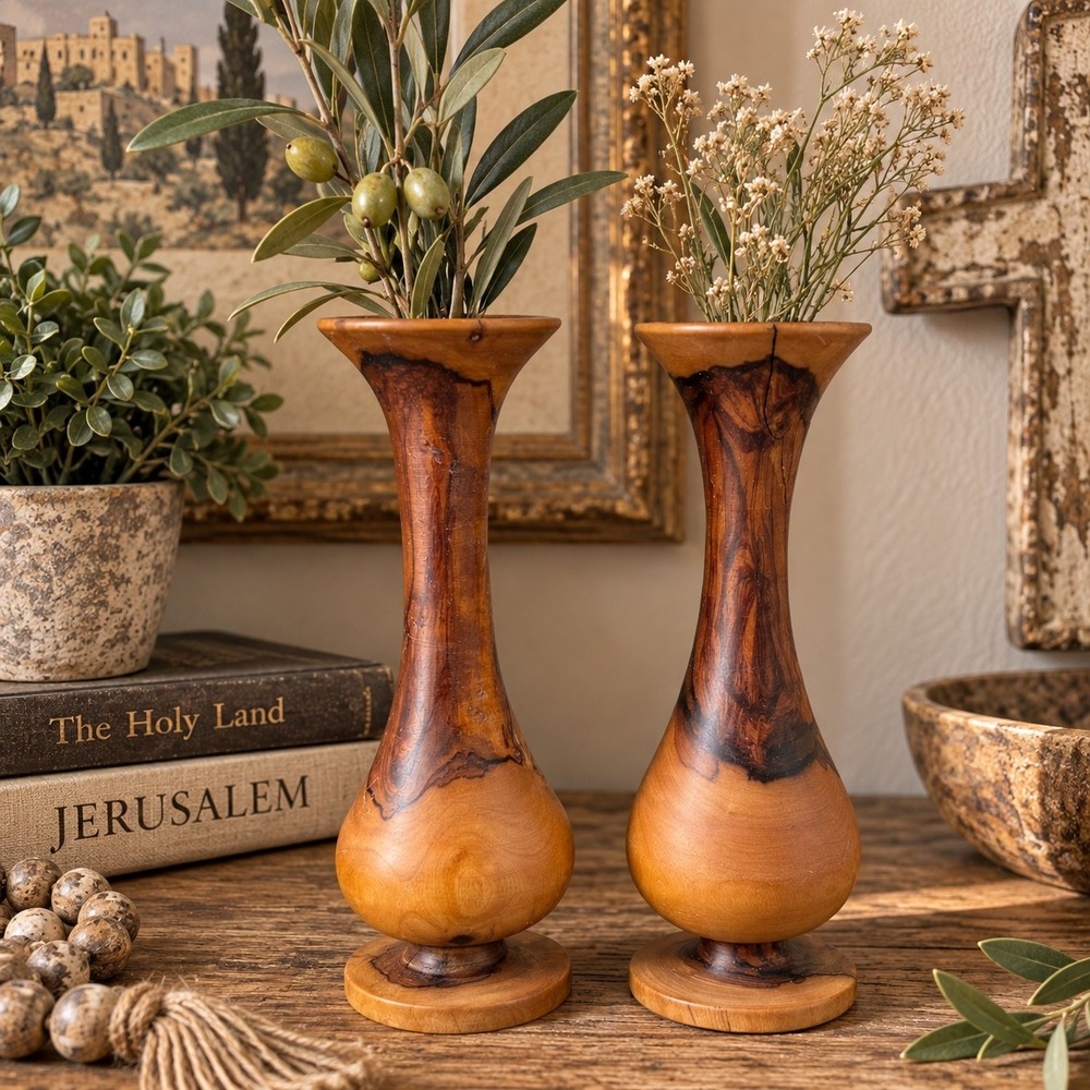 Vintage Handcrafted Olive Wood Bud Vases Set of 2 Holy Land Rustic Decor 10 Inch